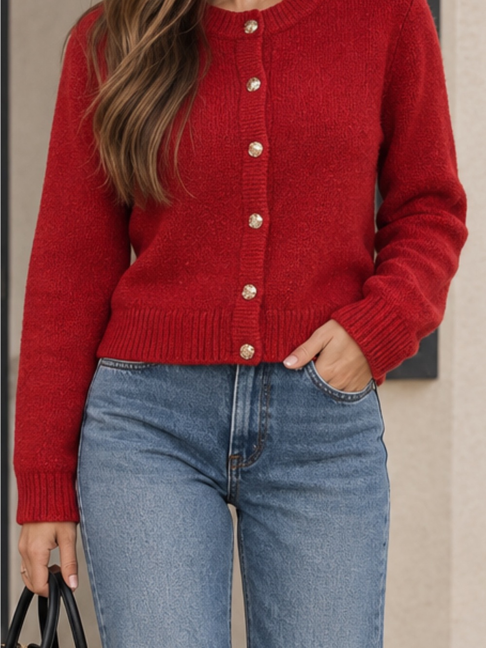 Abercrombie & Fitch Bright Red Crewneck Button Cardigan